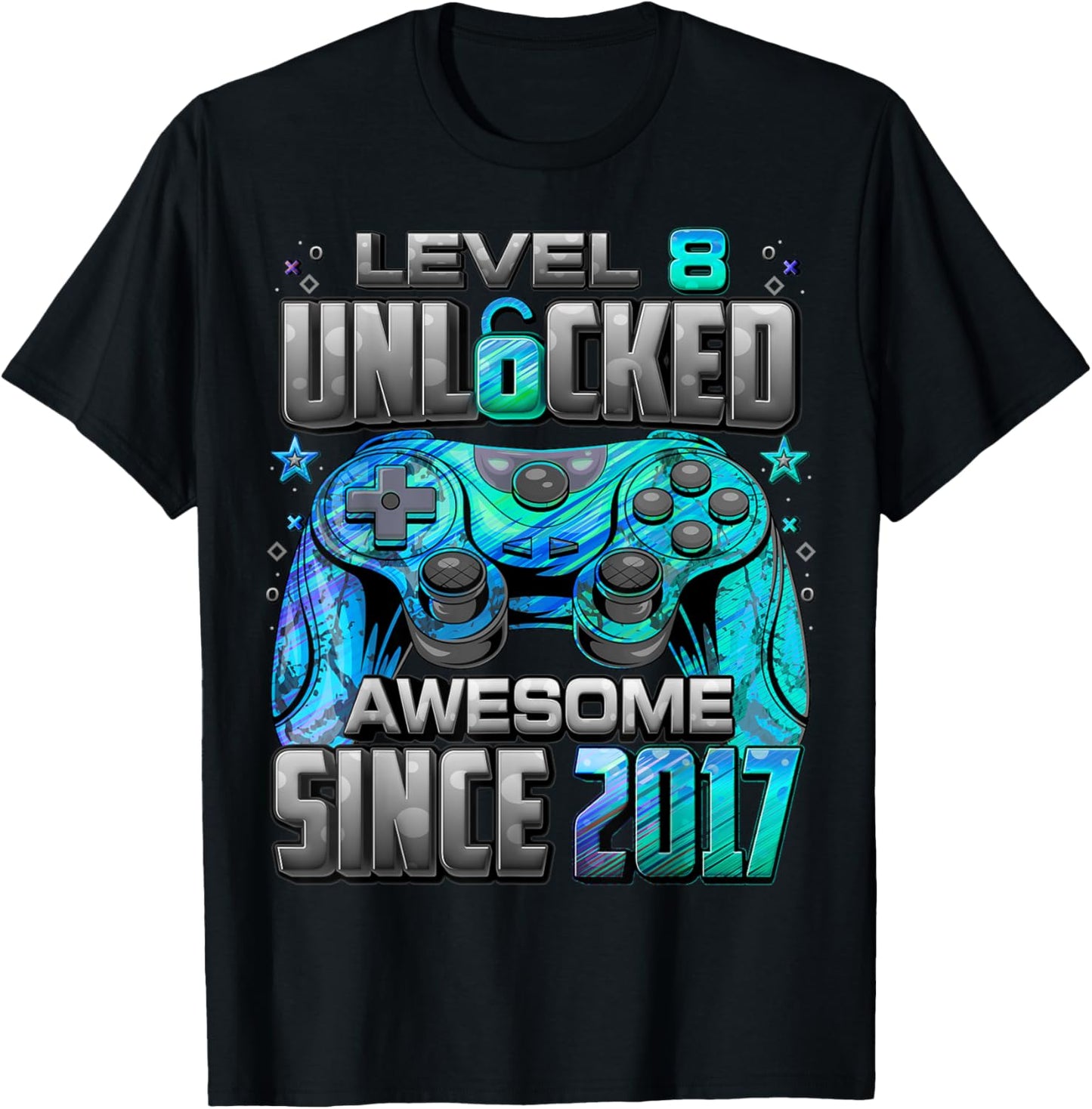 Level 8 Unlocked Awesome Since 2017 8th Birthday Gaming T-Shirt - T-Shirt | Black