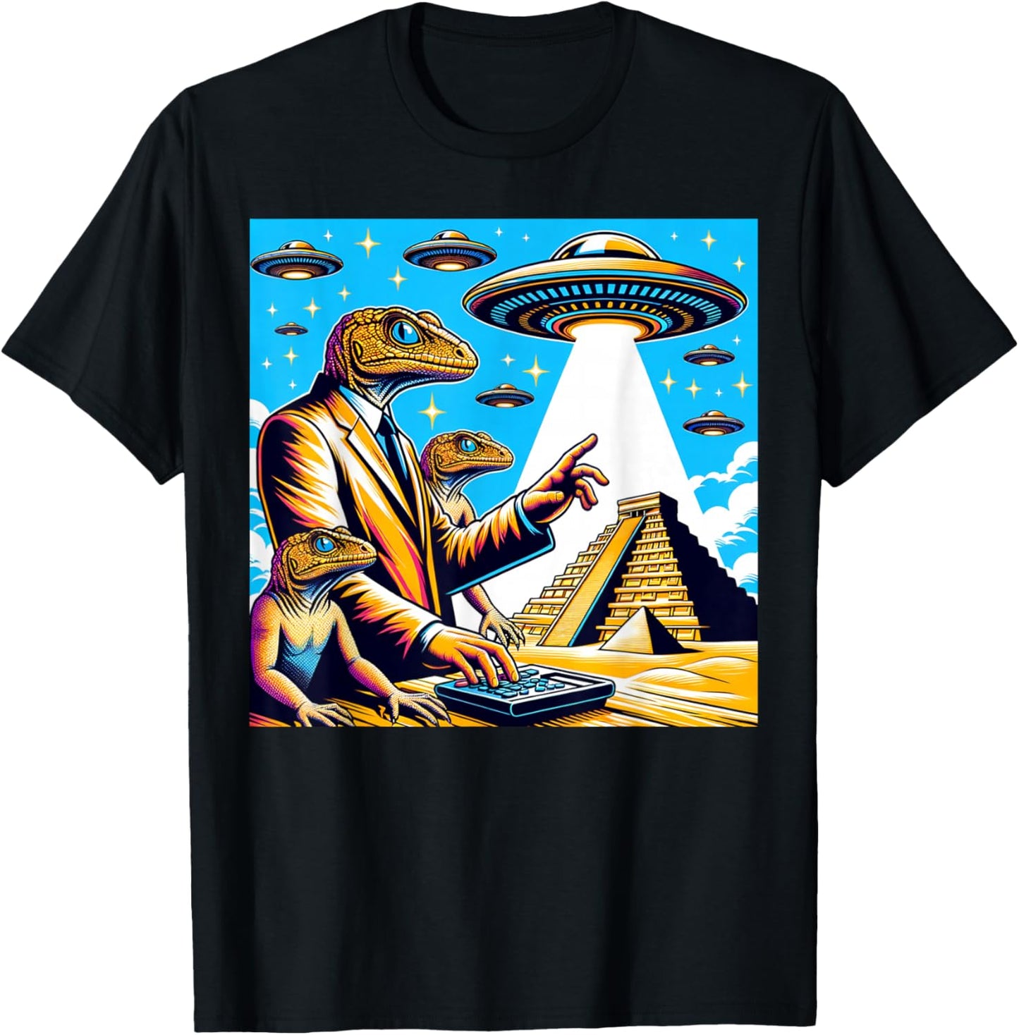 Lizard Conspiracy Theory UFO Chichen Itza Mexican Pyramids T-Shirt - T-Shirt | Black