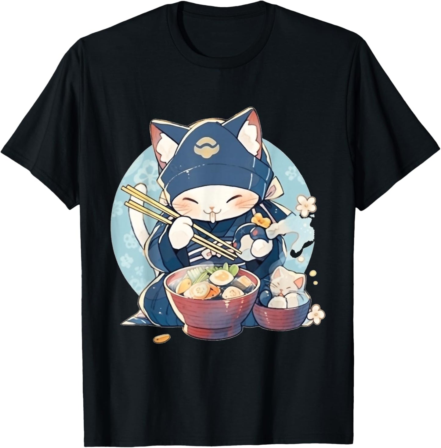 Japanese Art Ramen Cat Ninja Ukiyo-e Anime Style Samurai Cat T-Shirt - T-Shirt | Black