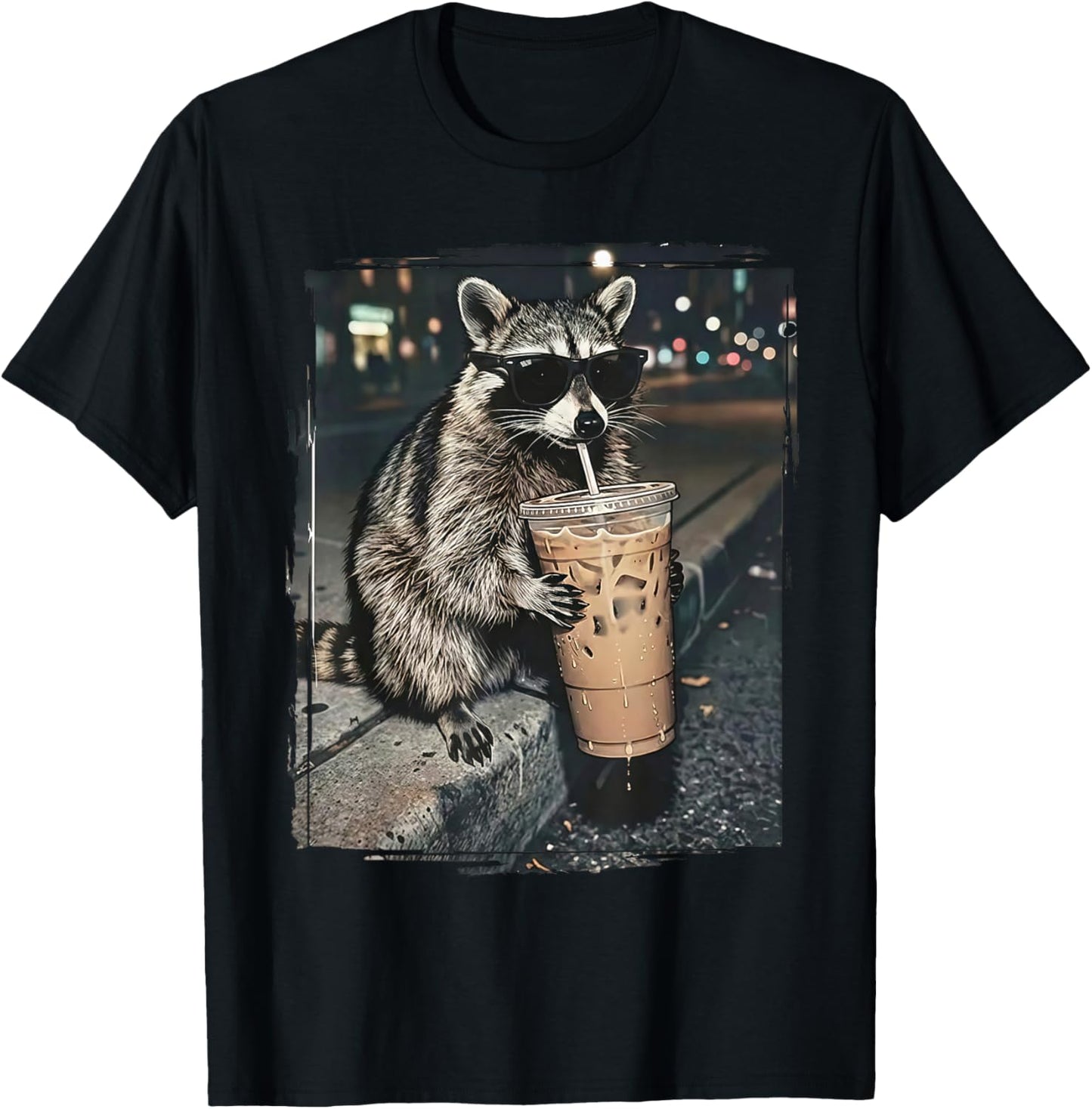 Raccoon Drinking Iced Coffee Funny Animal Meme Men Women T-Shirt - T-Shirt | Black