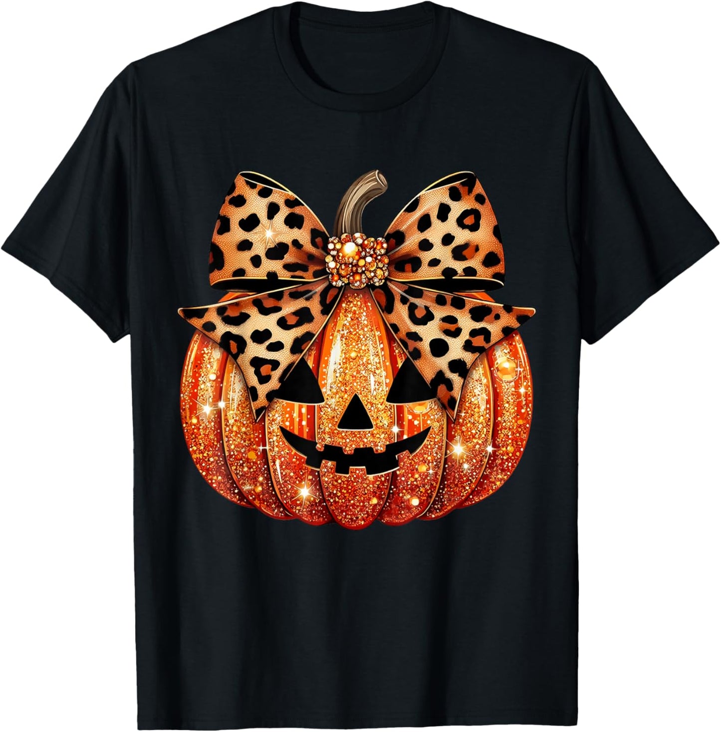 Leopard Coquette Bow Pumpkin Sparkly Pumpkin T-Shirt - T-Shirt | Black