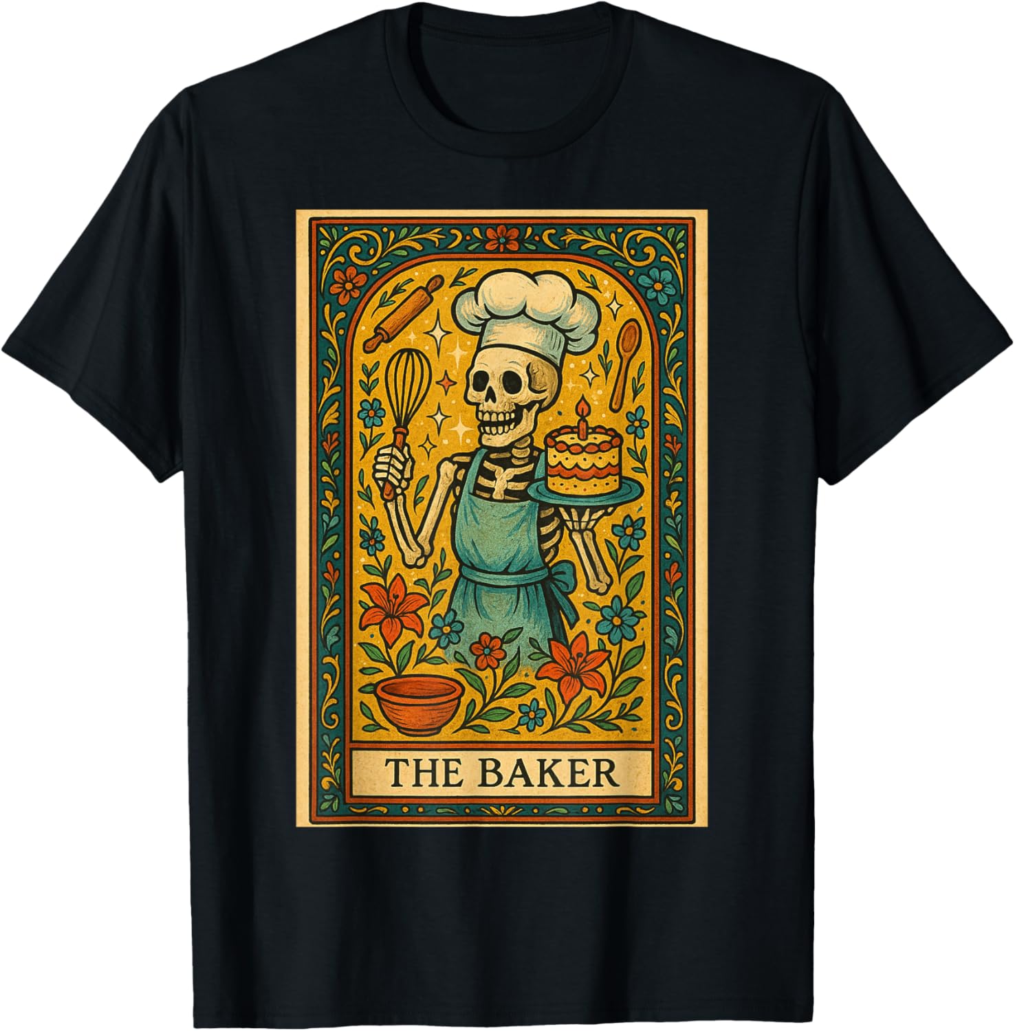 Skeleton Baker Tarot Card Whimsical Culinary Spooky Chef T-Shirt - T-Shirt | Black