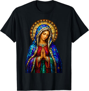 Praying Virgin Mary Stained Glass Catholic Devotion Icon T-Shirt - T-Shirt | Black