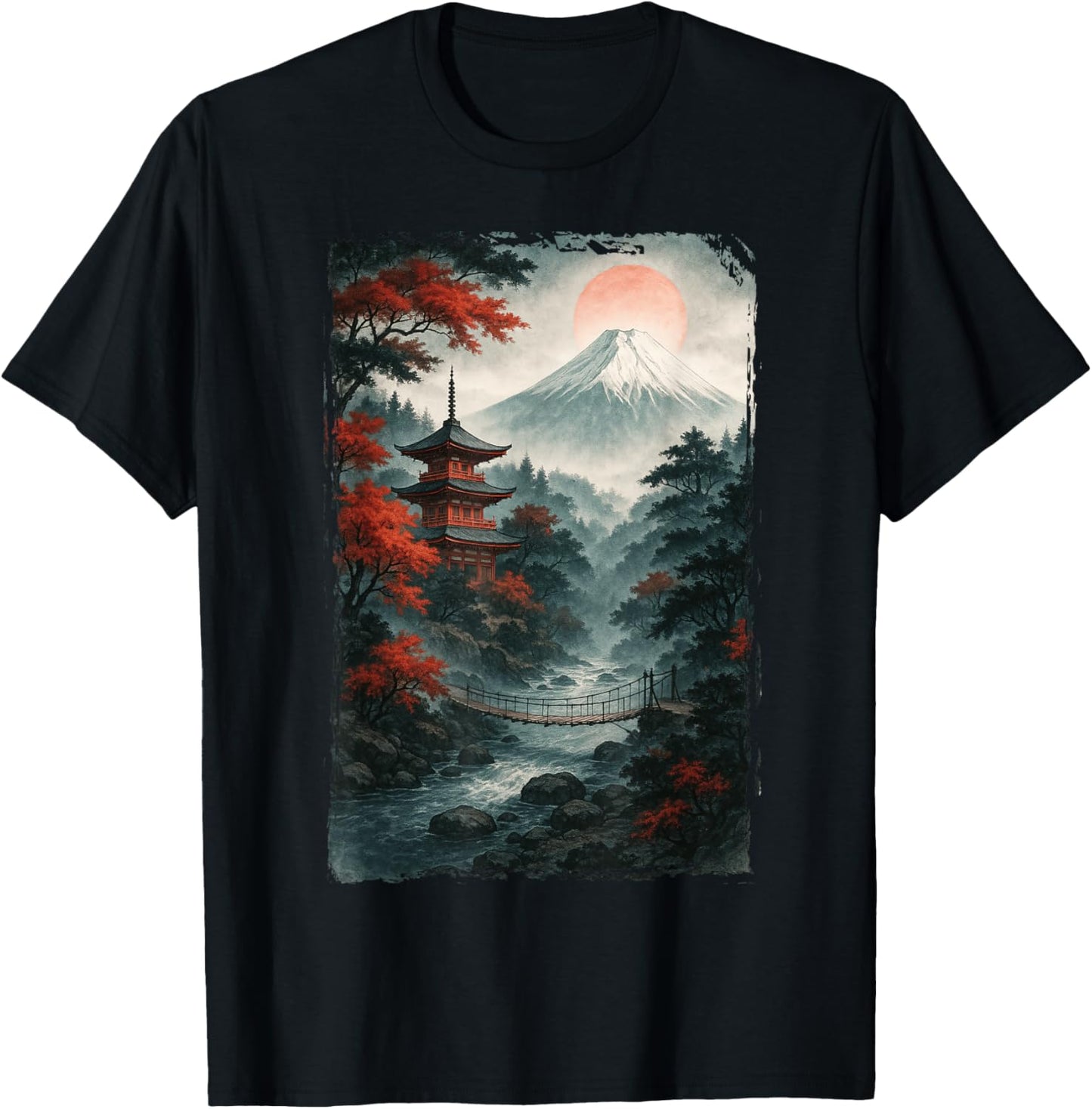 Japanische Landschaft & Bergblick, Sonne, Vintage Japan T-Shirt - T-Shirt | Black