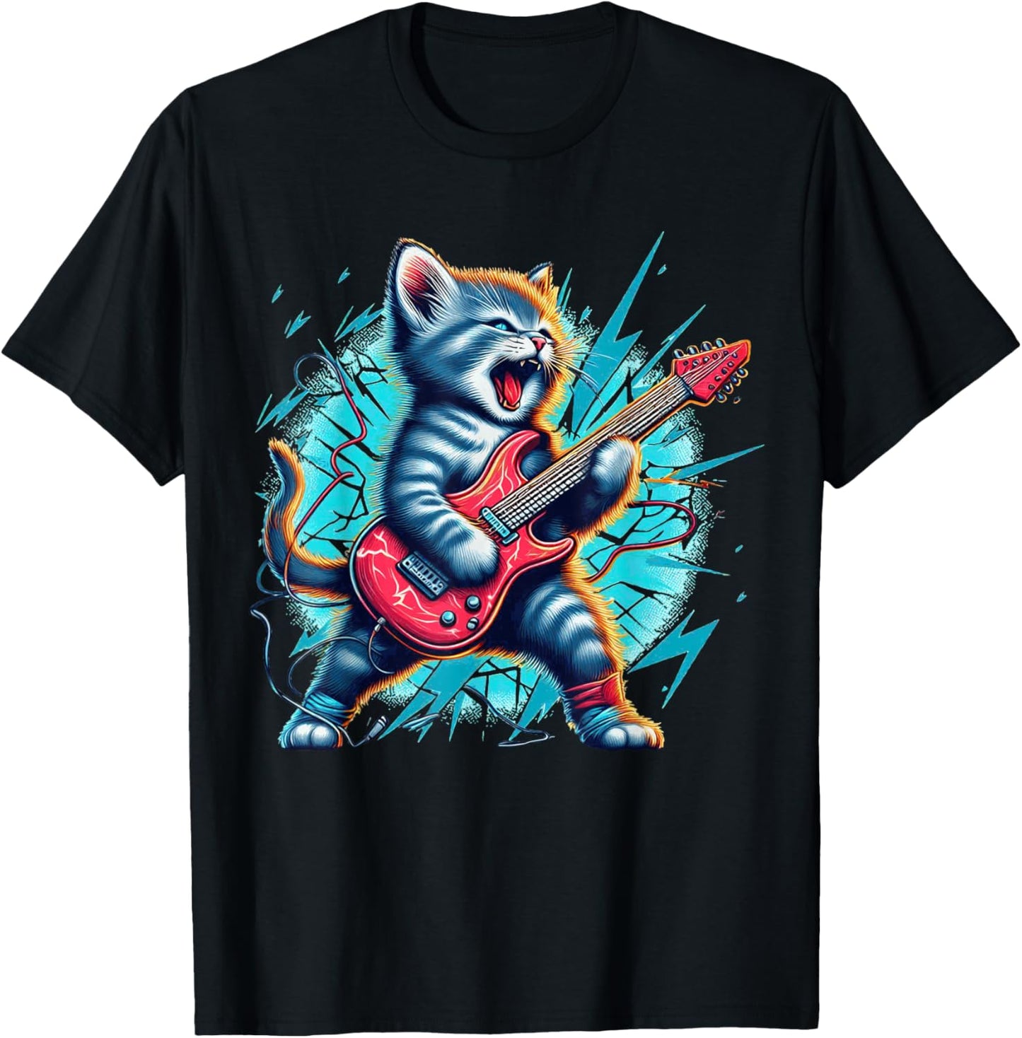 Rockstar Kitten Cute Cat playing Guitar Adorable Music Art T-Shirt - T-Shirt | Black