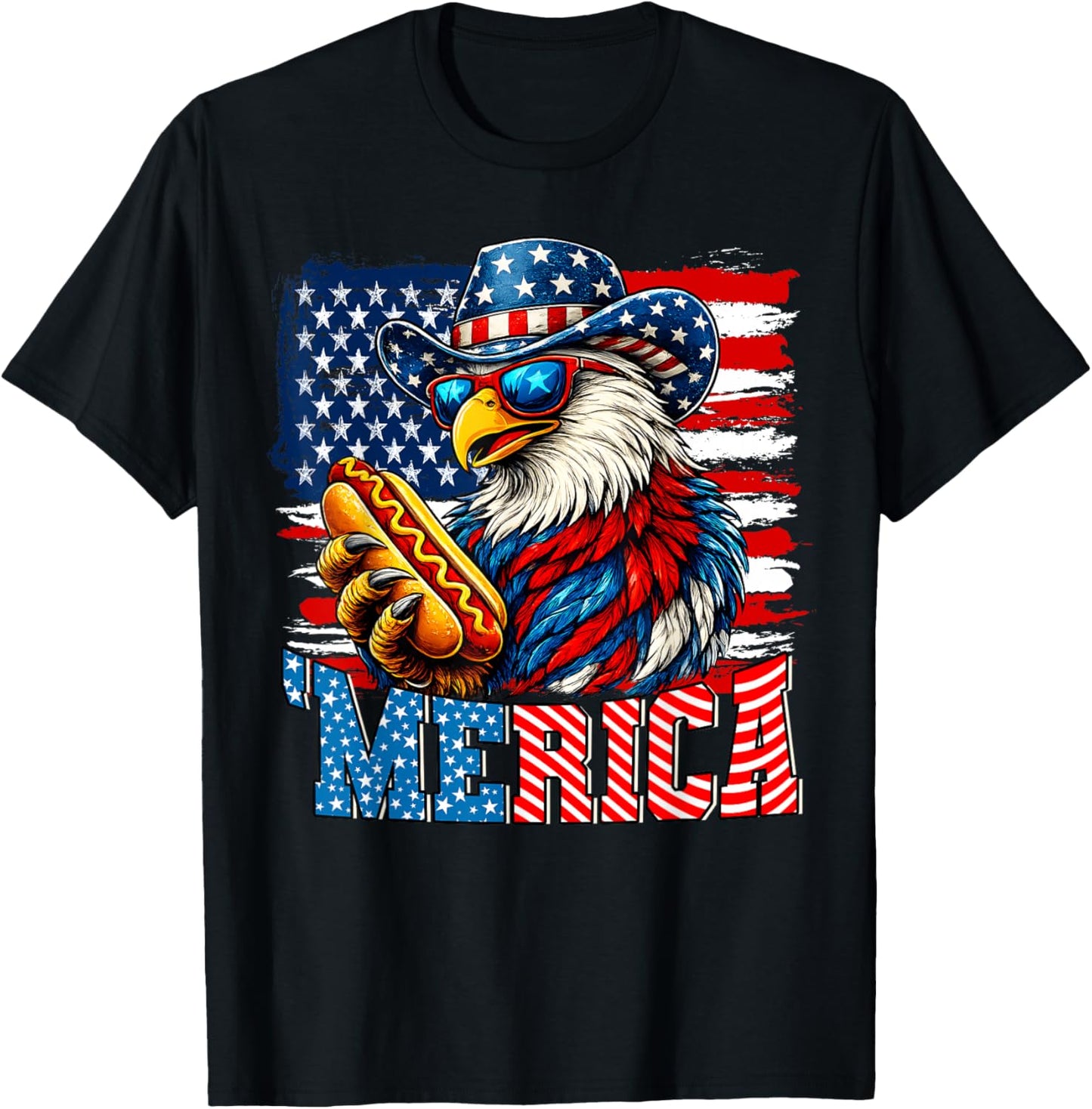 4th of July Merica Eagle Hotdog Lover USA Flag Patriotic T-Shirt - T-Shirt | Black