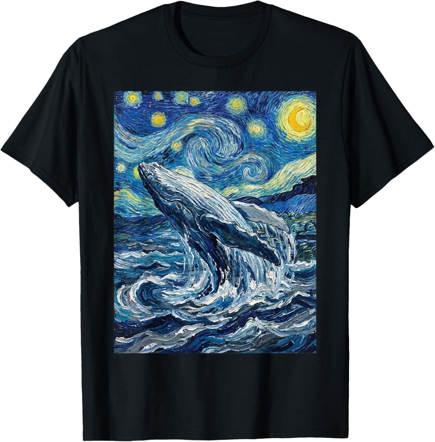 Humpback Whale Starry Night Van Gogh Style, Whale Watching T-Shirt - T-Shirt | Black