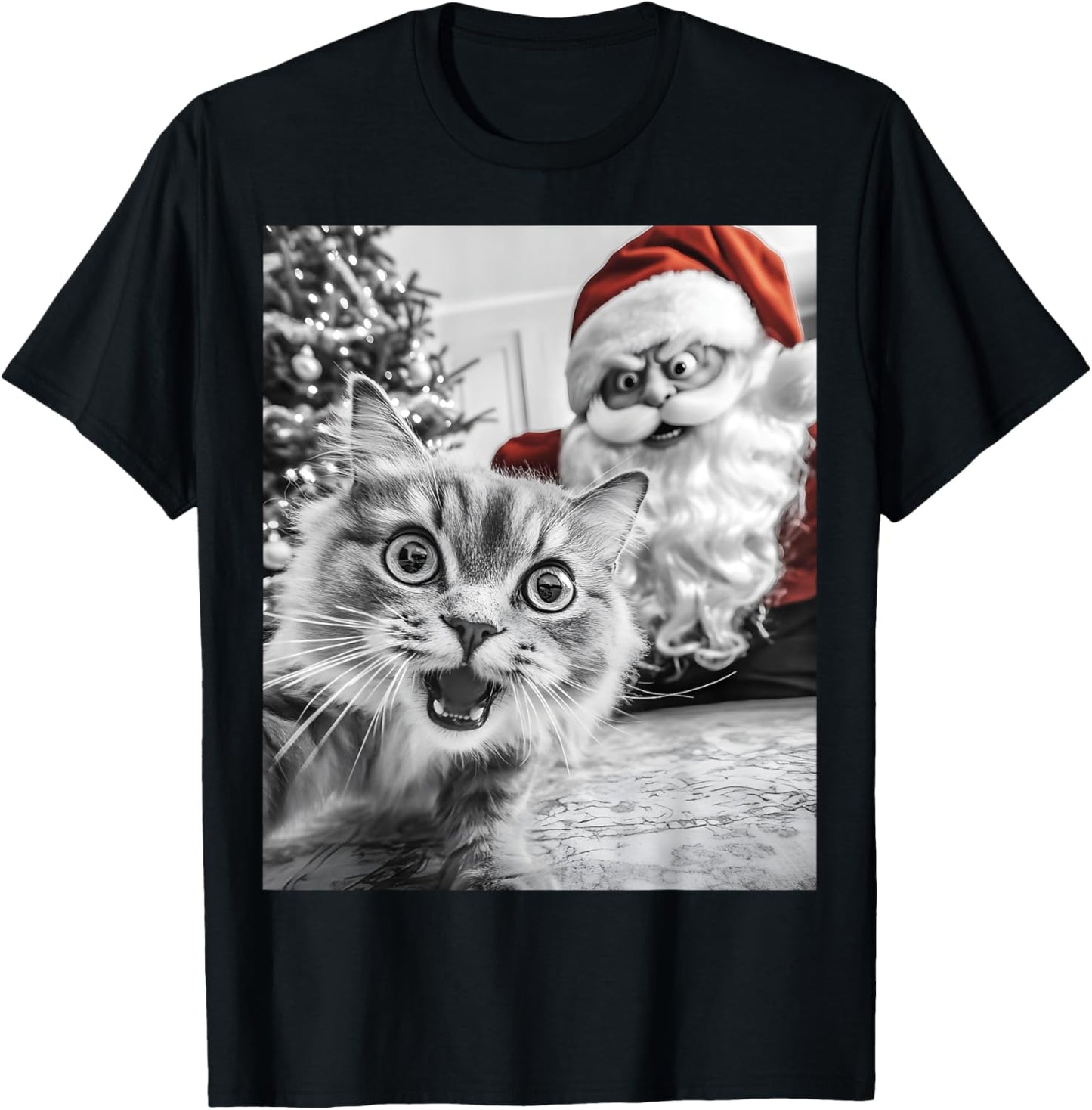 Funny Cat Selfie With Santa Christmas Men Women T-Shirt - T-Shirt | Black