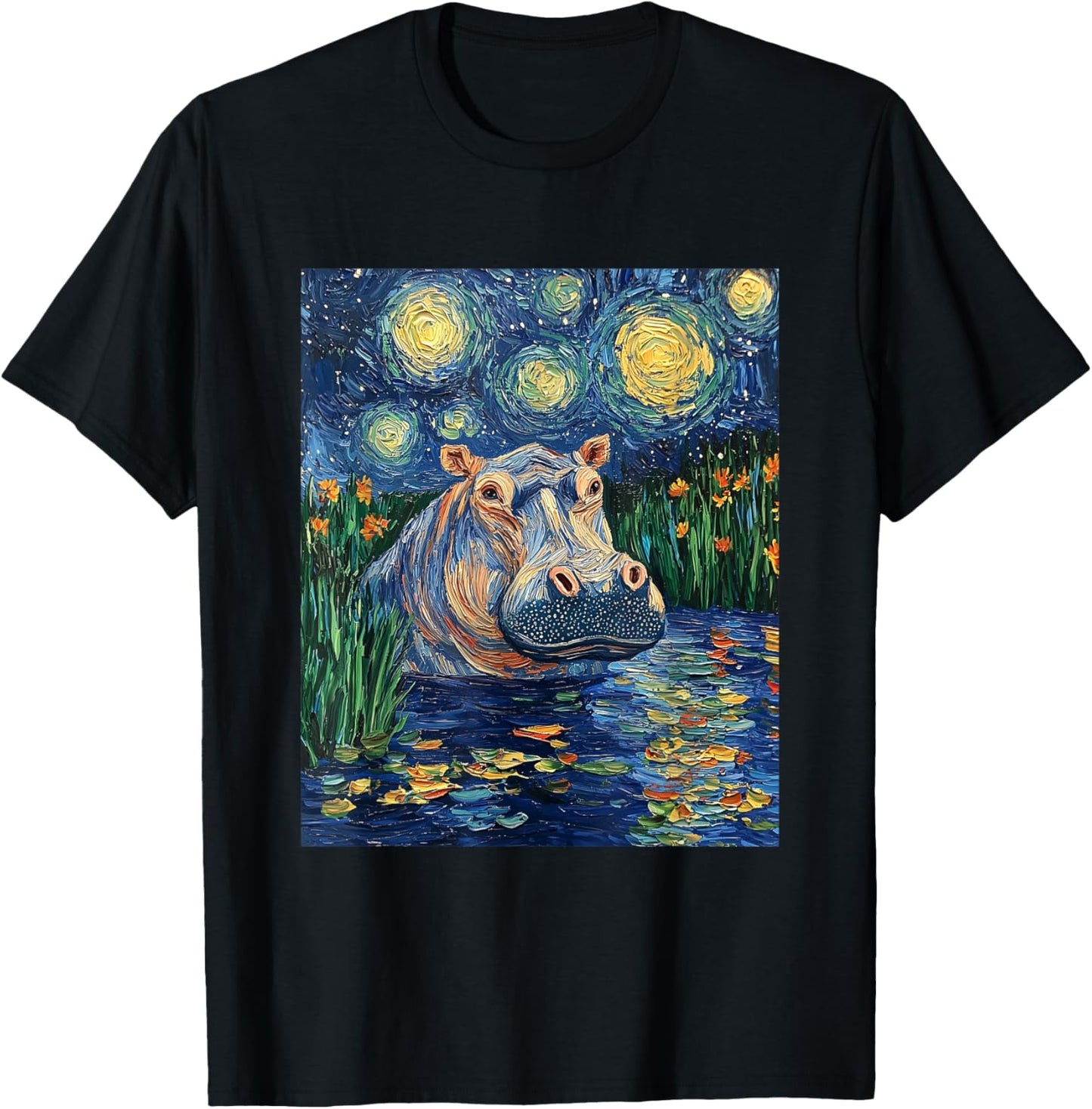 Hippo Hippopotamus - Van Gogh Style - Starry Night T-Shirt - T-Shirt | Black