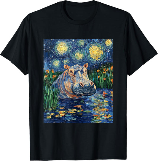 Hippo Hippopotamus - Van Gogh Style - Starry Night T-Shirt - T-Shirt | Black