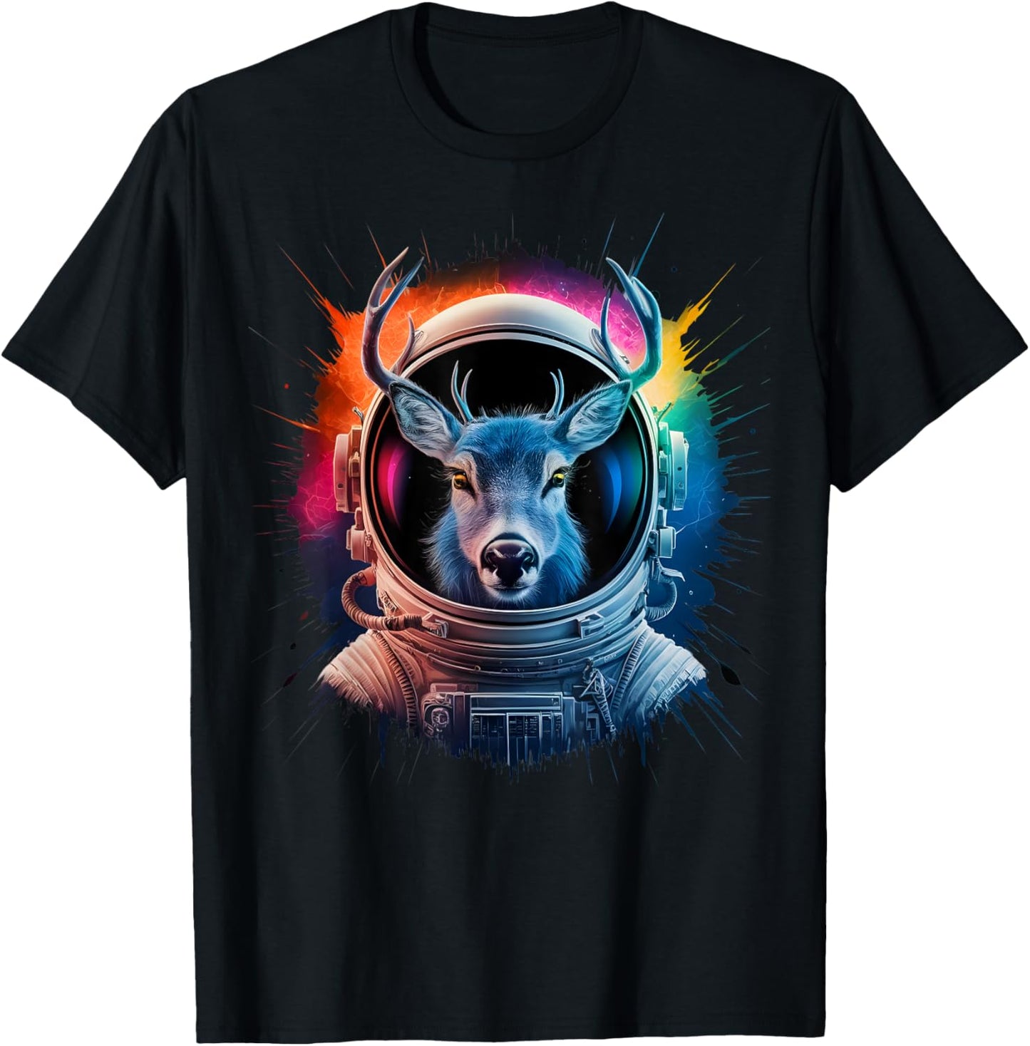 Deer Men Woman Colorful Deer Space Astronaut Deer T-Shirt - T-Shirt | Black
