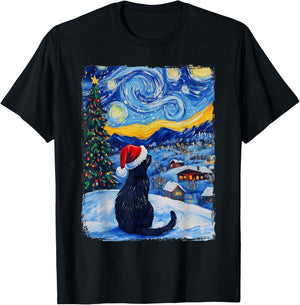 Cat Starry Night Christmas T-Shirt - T-Shirt | Black