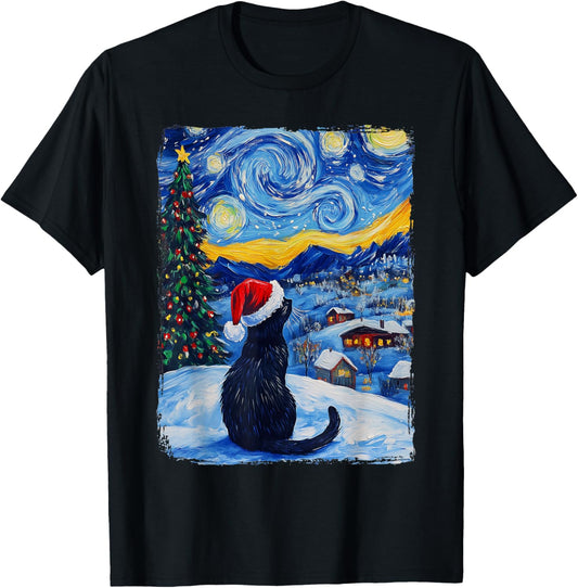Cat Starry Night Christmas T-Shirt - T-Shirt | Black