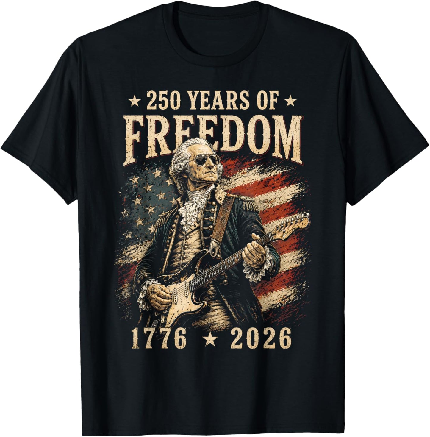 George Washington Playing Guitar 4th July 250th Anniversary T-Shirt - T-Shirt | Black