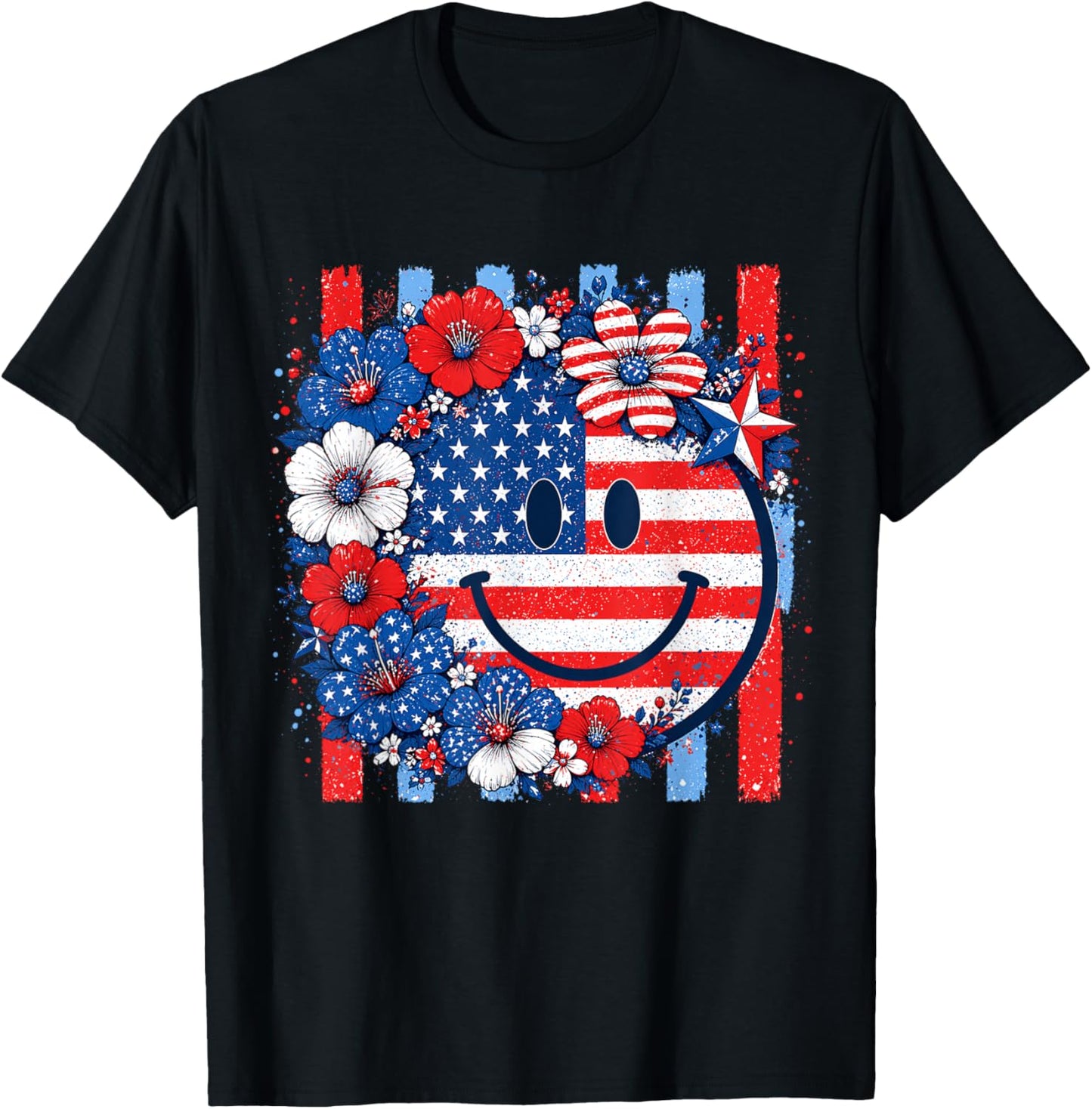 4th of July USA Smile Face Floral Patriotic Women Girl T-Shirt - T-Shirt | Black