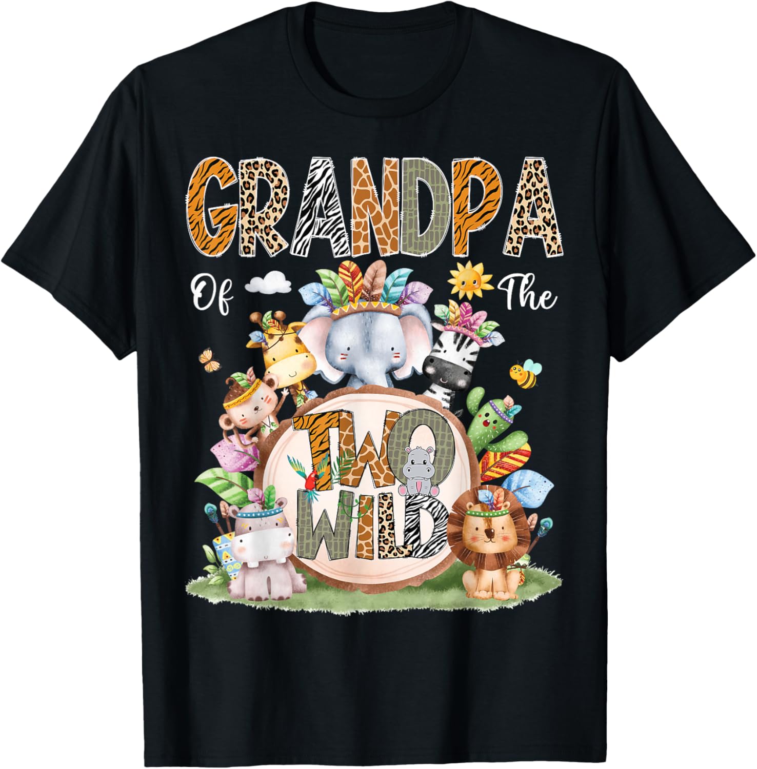 Grandpa Of The Two Wild 2Nd Birthday Animal Safari Tribal T-Shirt - T-Shirt | Black
