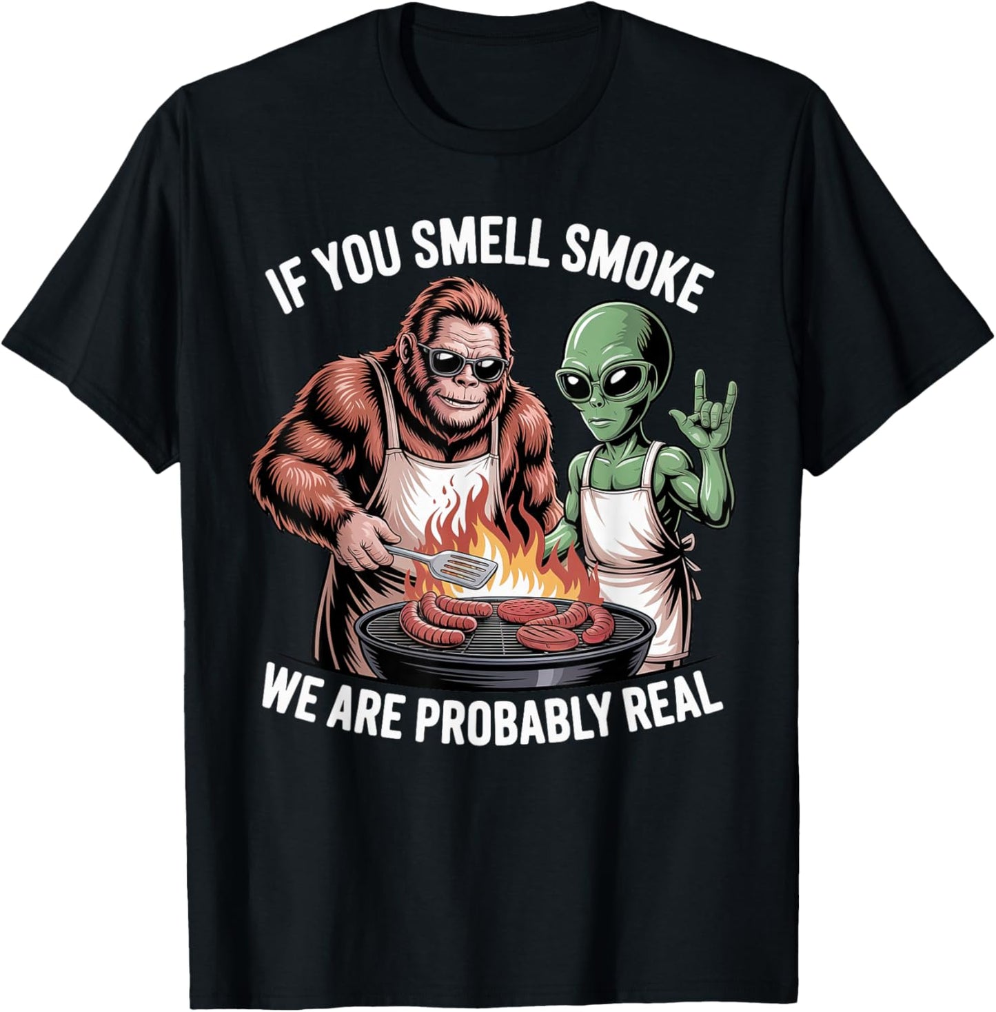BBQ Bigfoot and Alien Men Father's Day BBQ Bigfoot Alien BBQ T-Shirt - T-Shirt | Black