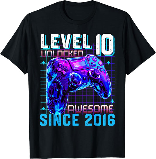 Level 10 Unlocked Awesome Since 2016 10th Birthday Gaming T-Shirt - T-Shirt | Black