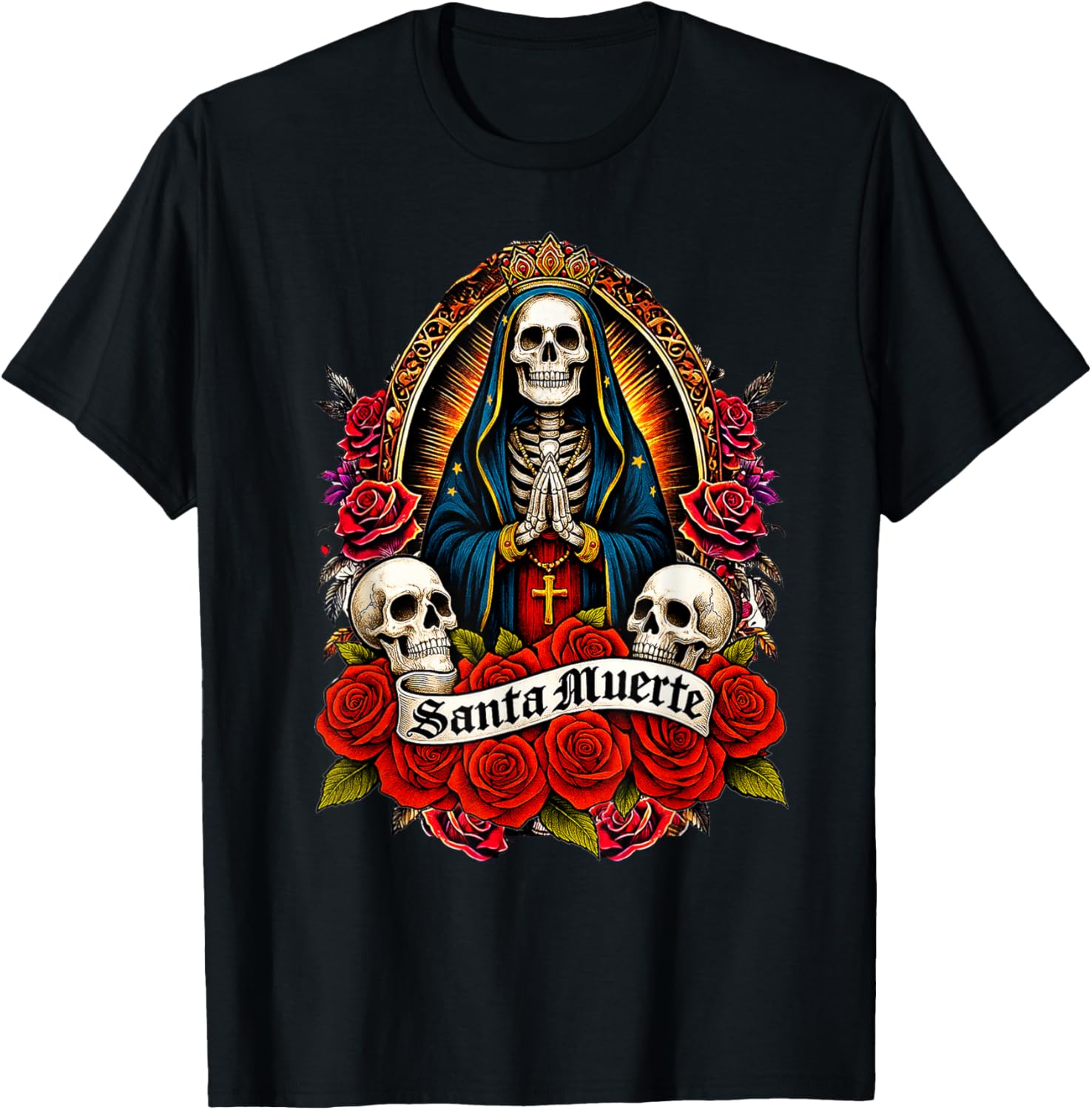 Santa Muerte Mexican Floral Saint Death T-Shirt - T-Shirt | Black