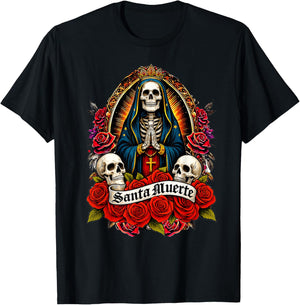Santa Muerte Mexican Floral Saint Death T-Shirt - T-Shirt | Black
