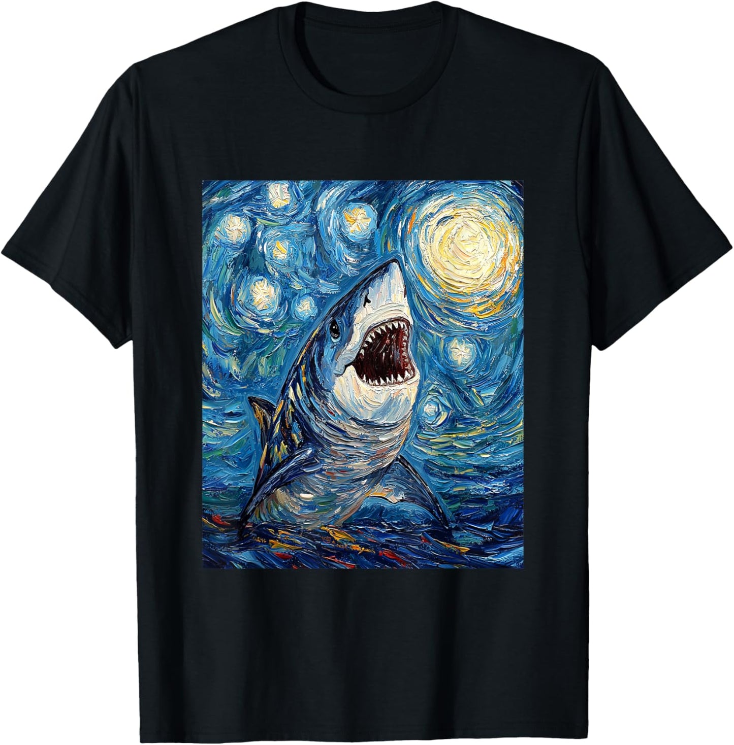 Funny Shark - Van Gogh Style - Starry Night T-Shirt - T-Shirt | Black
