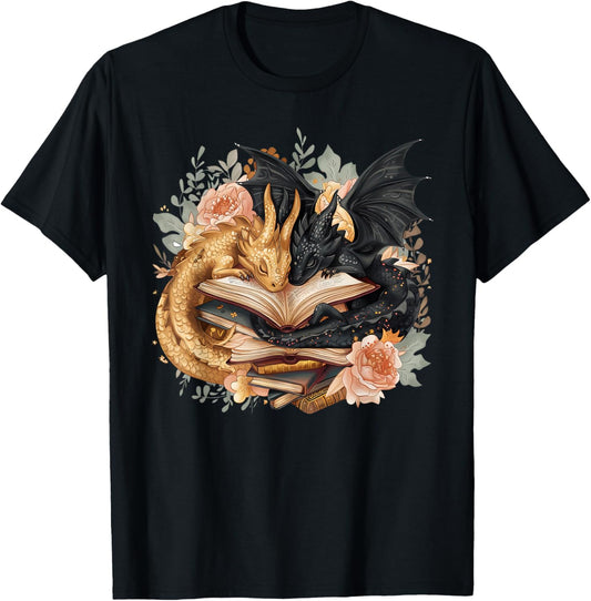 Cute Dragon Books Cottagecore Flower Bookworm Book Lover T-Shirt - T-Shirt | Black