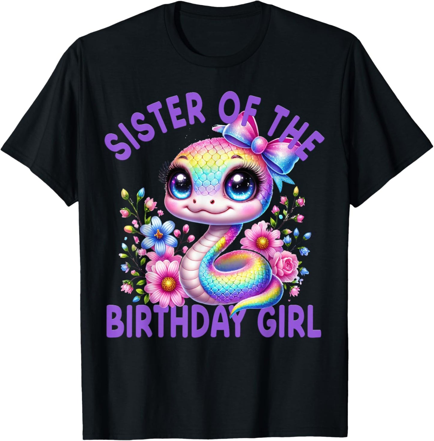 Sister of Birthday Girl Snake Party Rainbow Matching Family T-Shirt - T-Shirt | Black