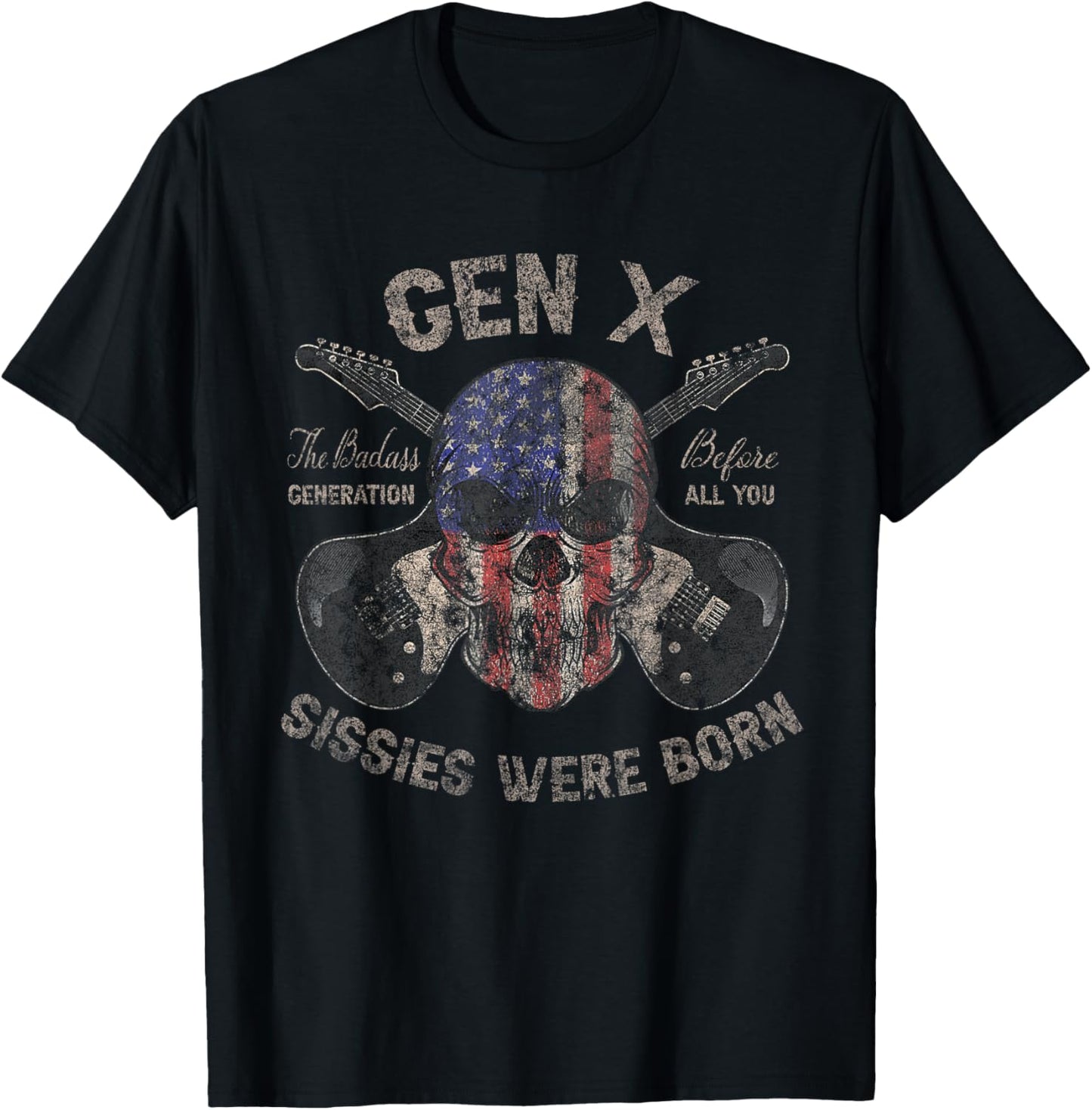Gen X Badass Generation Skull Guitar USA Flag Retro T-Shirt - T-Shirt | Black