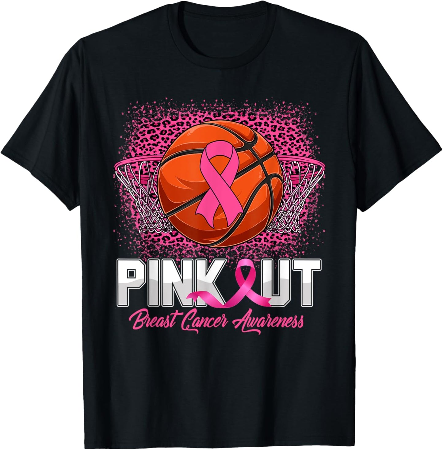 Pink Out Breast Cancer Awareness Basketball Leopard Bleached T-Shirt - T-Shirt | Black