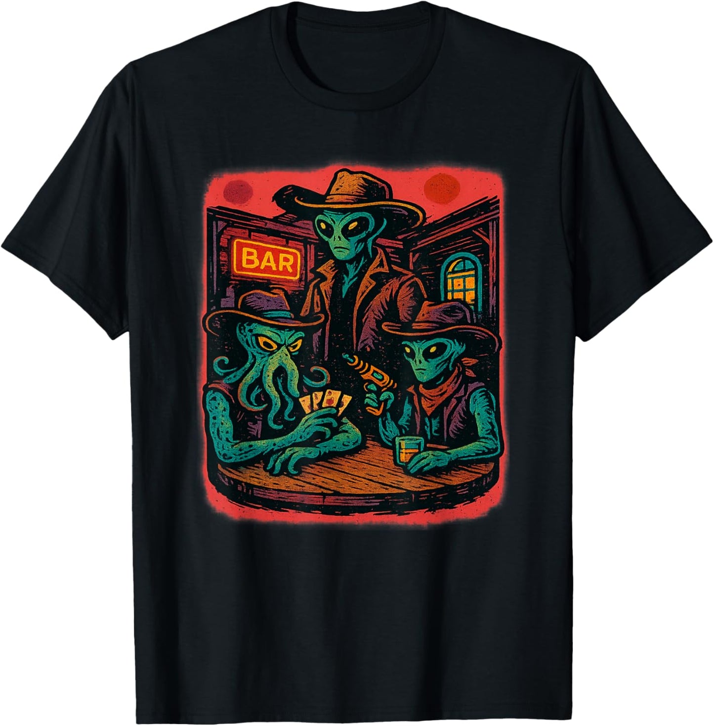 Aliens Playing Cards in Wild West Bar Scene T-Shirt - T-Shirt | Black