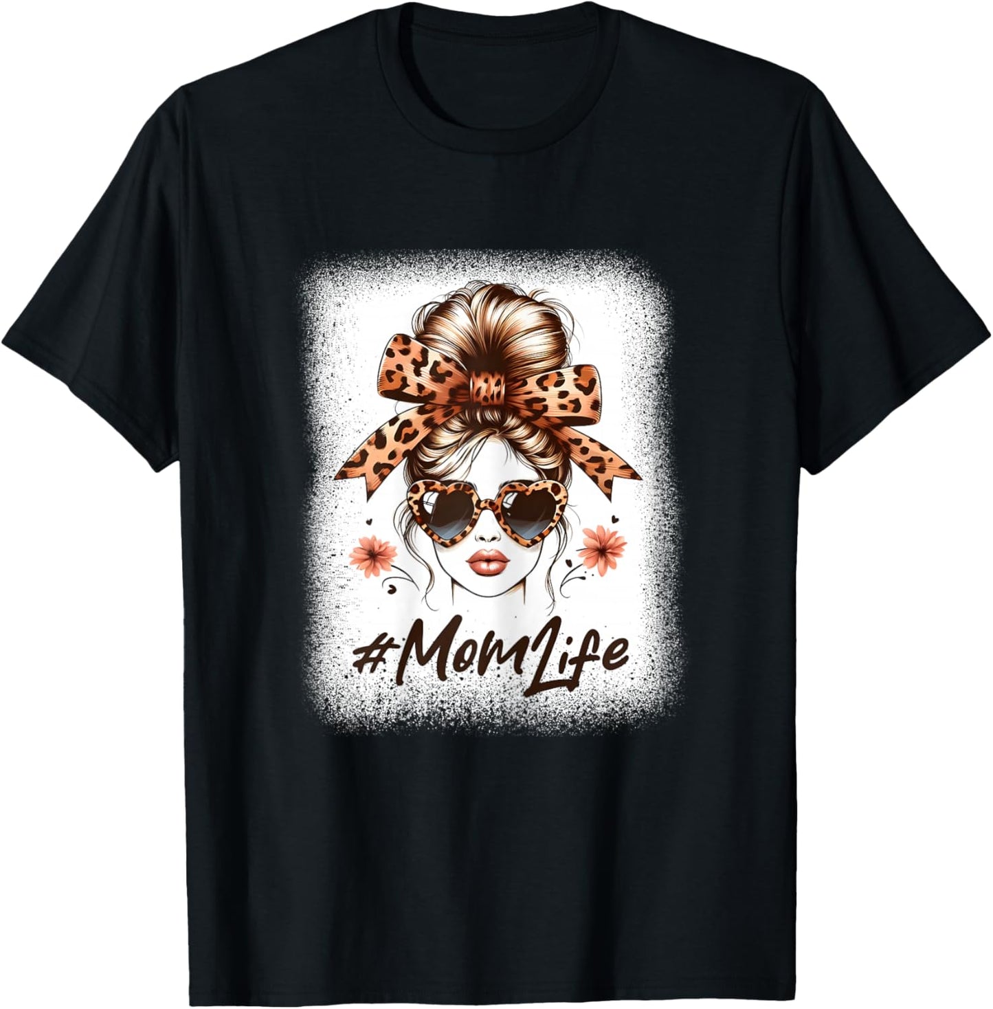 Mom Life Messy Hair Bun Leopard Women Mother's Day Funny T-Shirt - T-Shirt | Black