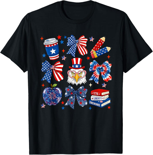 4th of July Teacher Coquette Bow Pencil USA American Flag T-Shirt - T-Shirt | Black