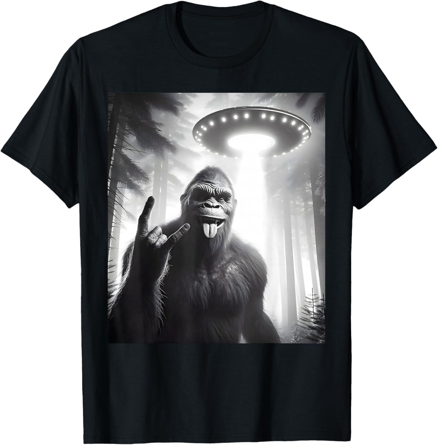 Funny Sasquatch Bigfoot Selfie With UFO Alien Rock Sign T-Shirt - T-Shirt | Black