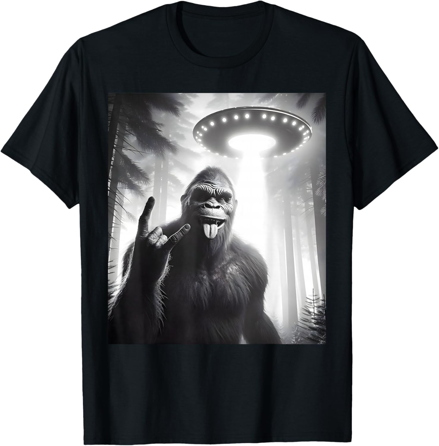 Funny Sasquatch Bigfoot Selfie With UFO Alien Rock Sign T-Shirt - T-Shirt | Black