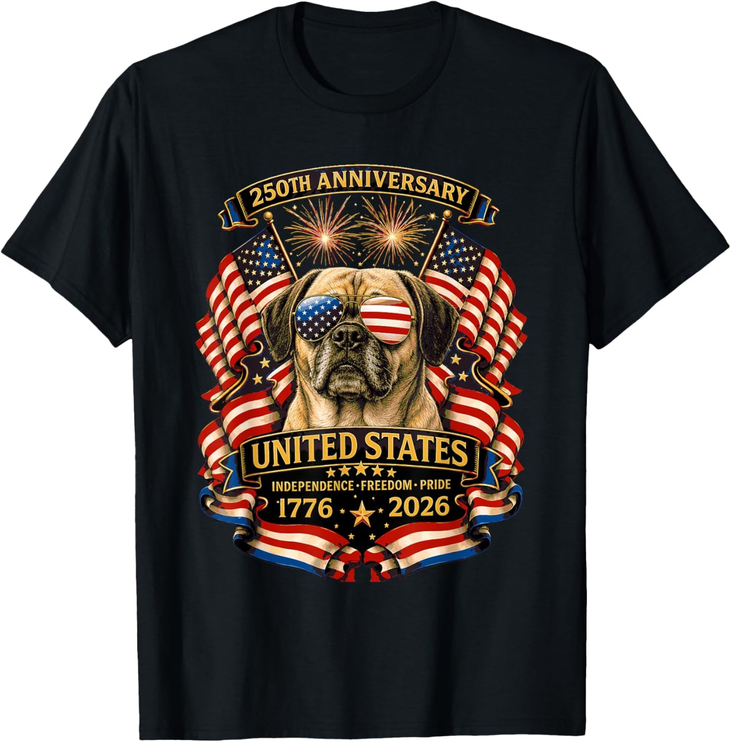 Puggle Dog USA Independence 1776 2026 Patriotic T-Shirt - T-Shirt | Black