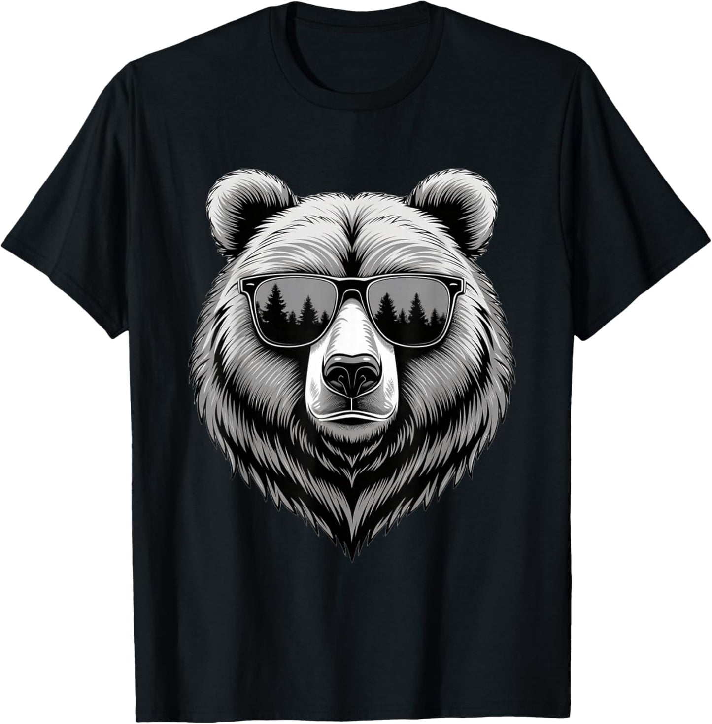Bear with Sunglasses and Forest Reflection T-Shirt - T-Shirt | Black