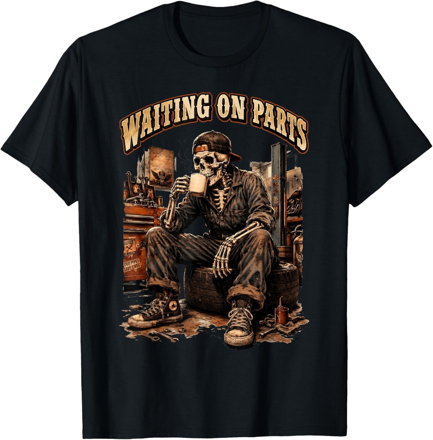 Waiting On Parts Funny Mechanic Skeleton Garage Father's Day T-Shirt - T-Shirt | Black