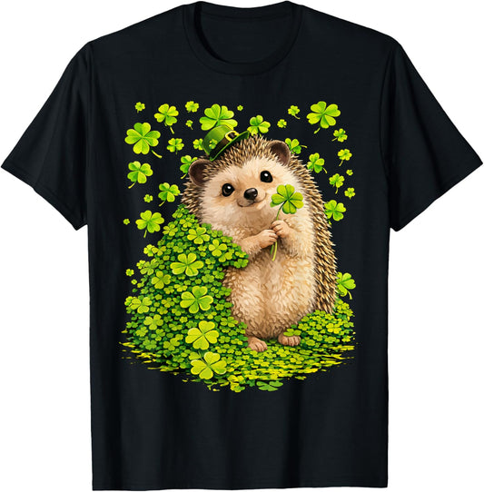 Lucky Hedgehog with Clovers and Clovers for St. Patrick's Day T-Shirt - T-Shirt | Black