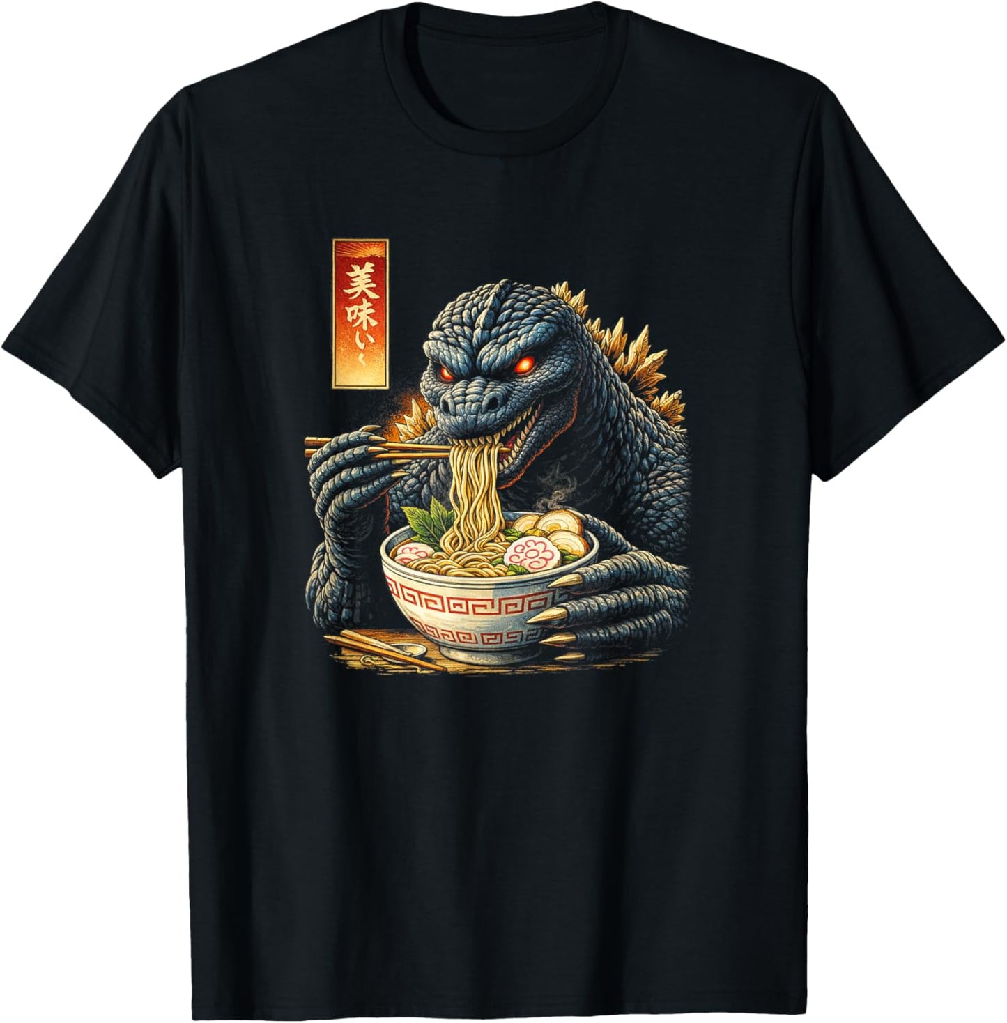 Kaiju Monster Eating Ramen – Japanese Foodie Fun T-Shirt - T-Shirt | Black