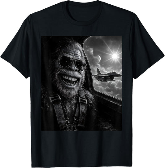 Funny Bigfoot Selfie Women Plane Jet Sasquatch T-Shirt - T-Shirt | Black