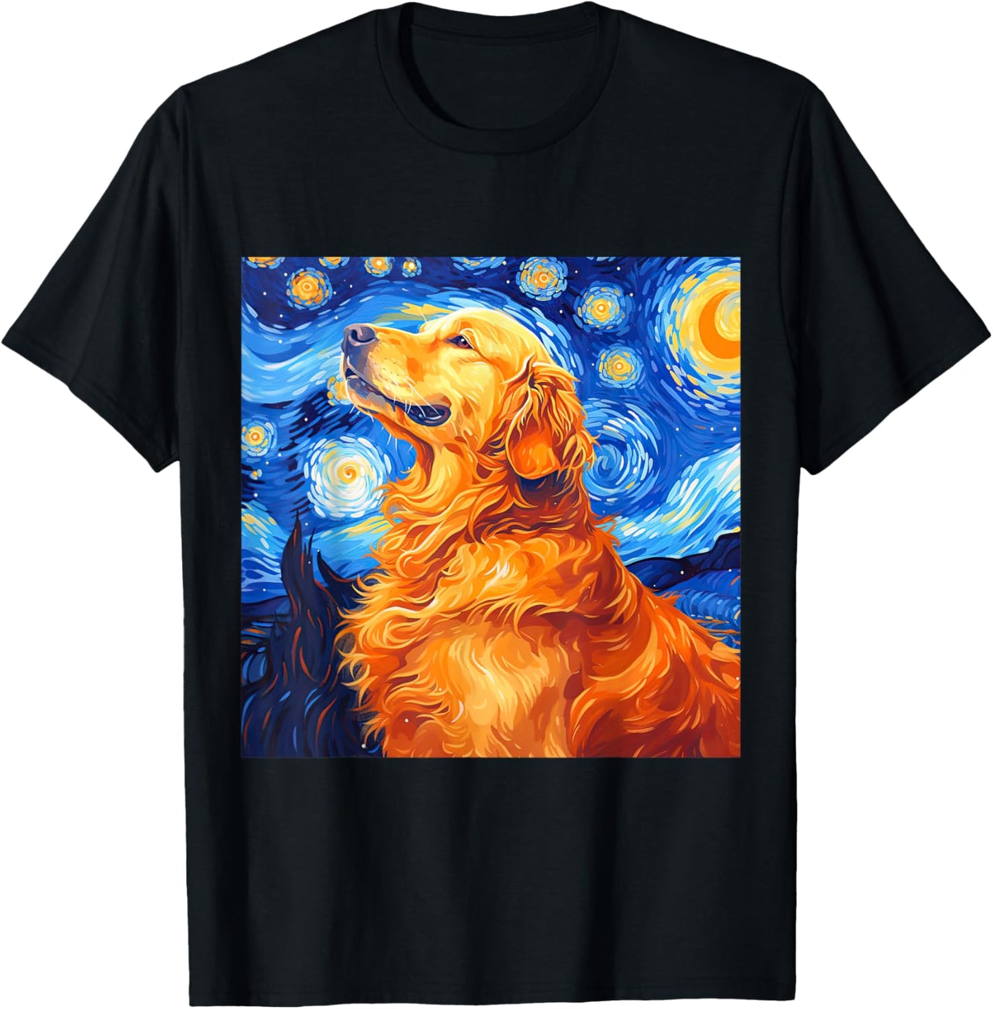 Golden Retriever Dog Starry Night Vincent Van Gogh Painting Women Kids T-Shirt - T-Shirt | Black