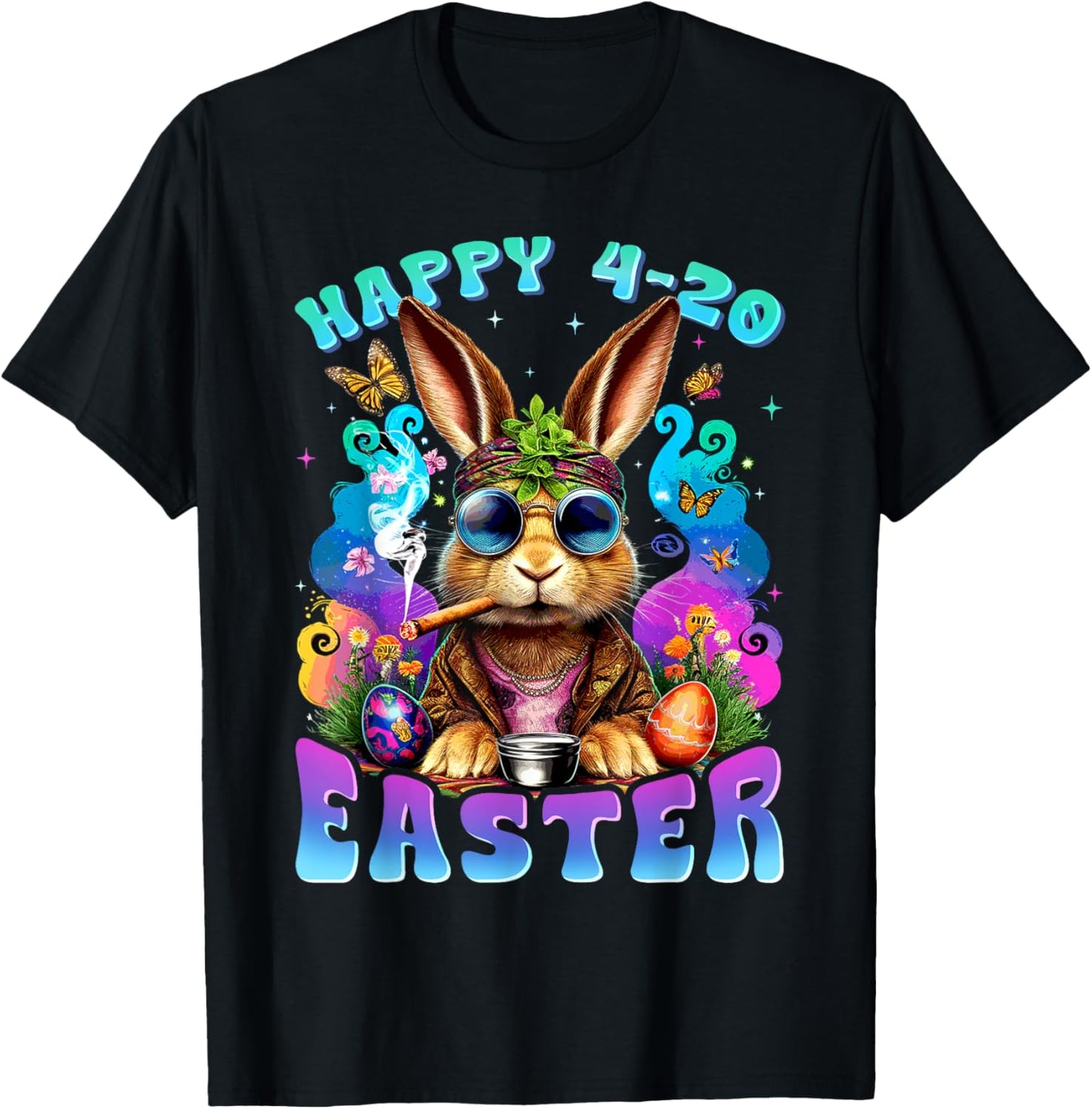 Happy 420 Easter Funny Smoking Easter Bunny Men Women T-Shirt - T-Shirt | Black