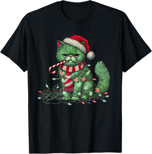 Christmas Cat with Santa Hat & Tree Lights Christmas cat T-Shirt - T-Shirt | Black