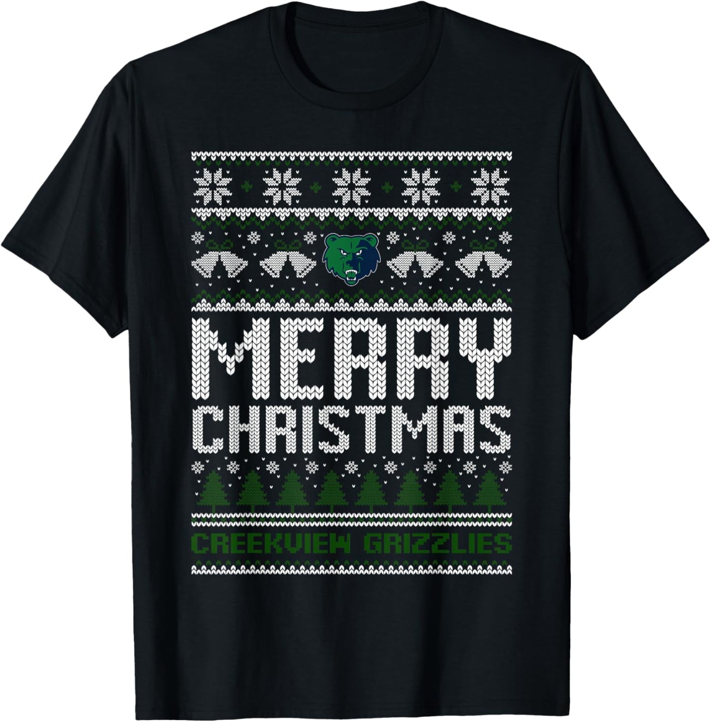 Creekview Grizzlies Logo Merry Christmas Ugly Sweater HS T-Shirt - T-Shirt | Black