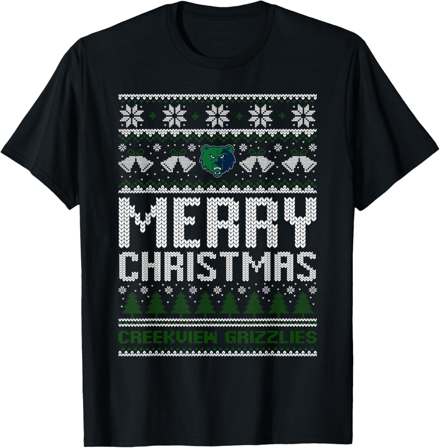 Creekview Grizzlies Logo Merry Christmas Ugly Sweater HS T-Shirt - T-Shirt | Black