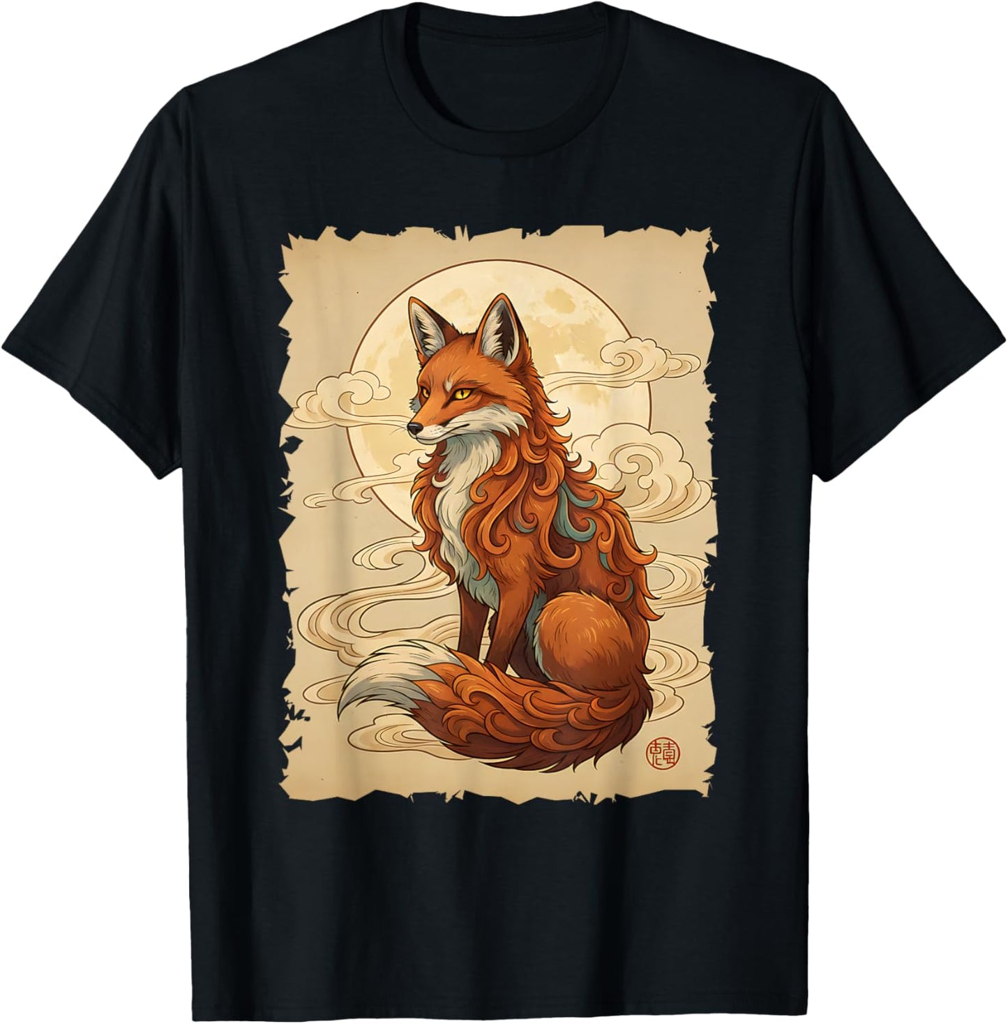 Fox Japanese Art Kitsune Style Kawaii Anime Traditional Fox T-Shirt - T-Shirt | Black