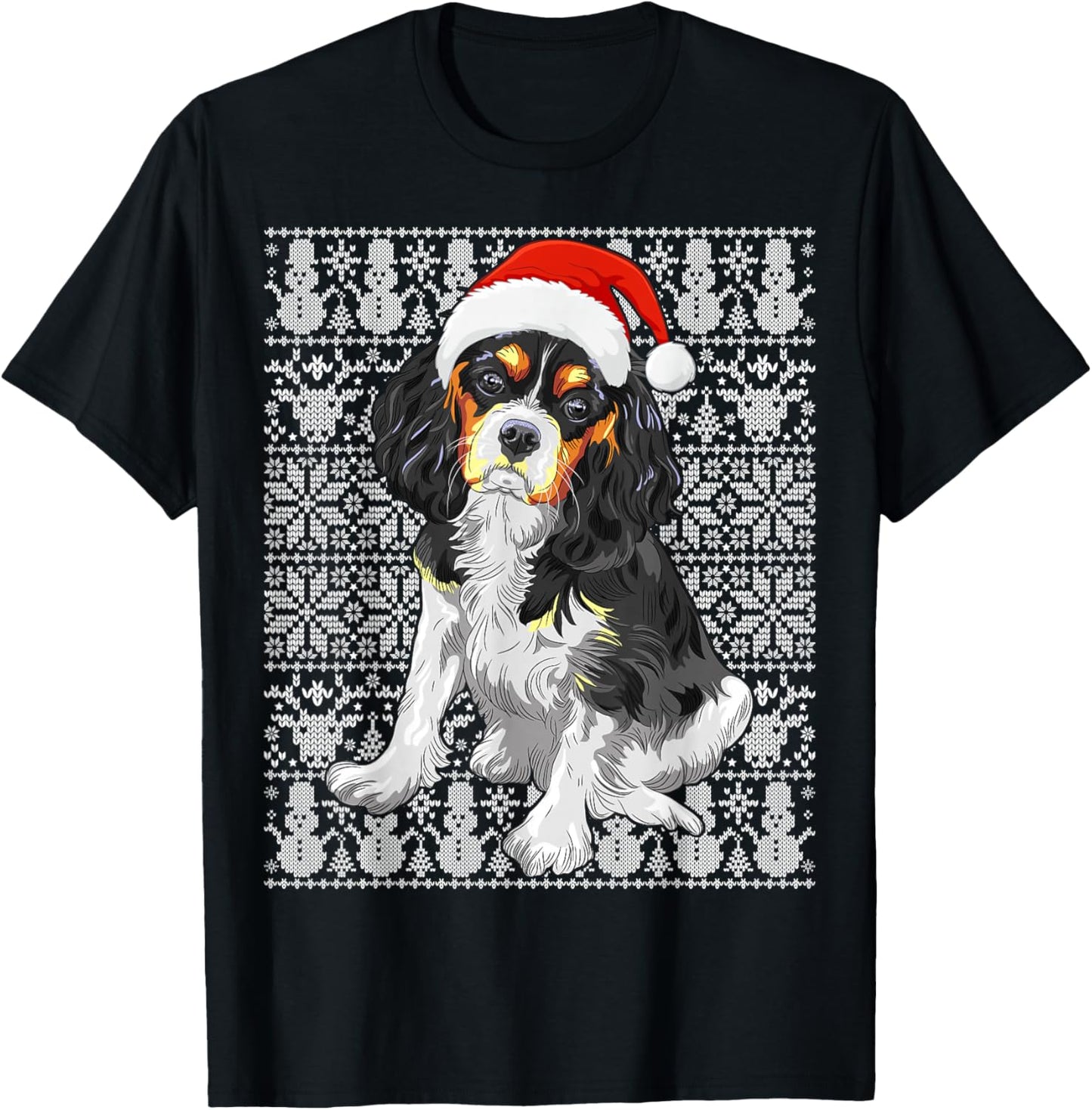 Cavalier King Charles Spaniel Dog Santa Hat Ugly Christmas T-Shirt - T-Shirt | Black