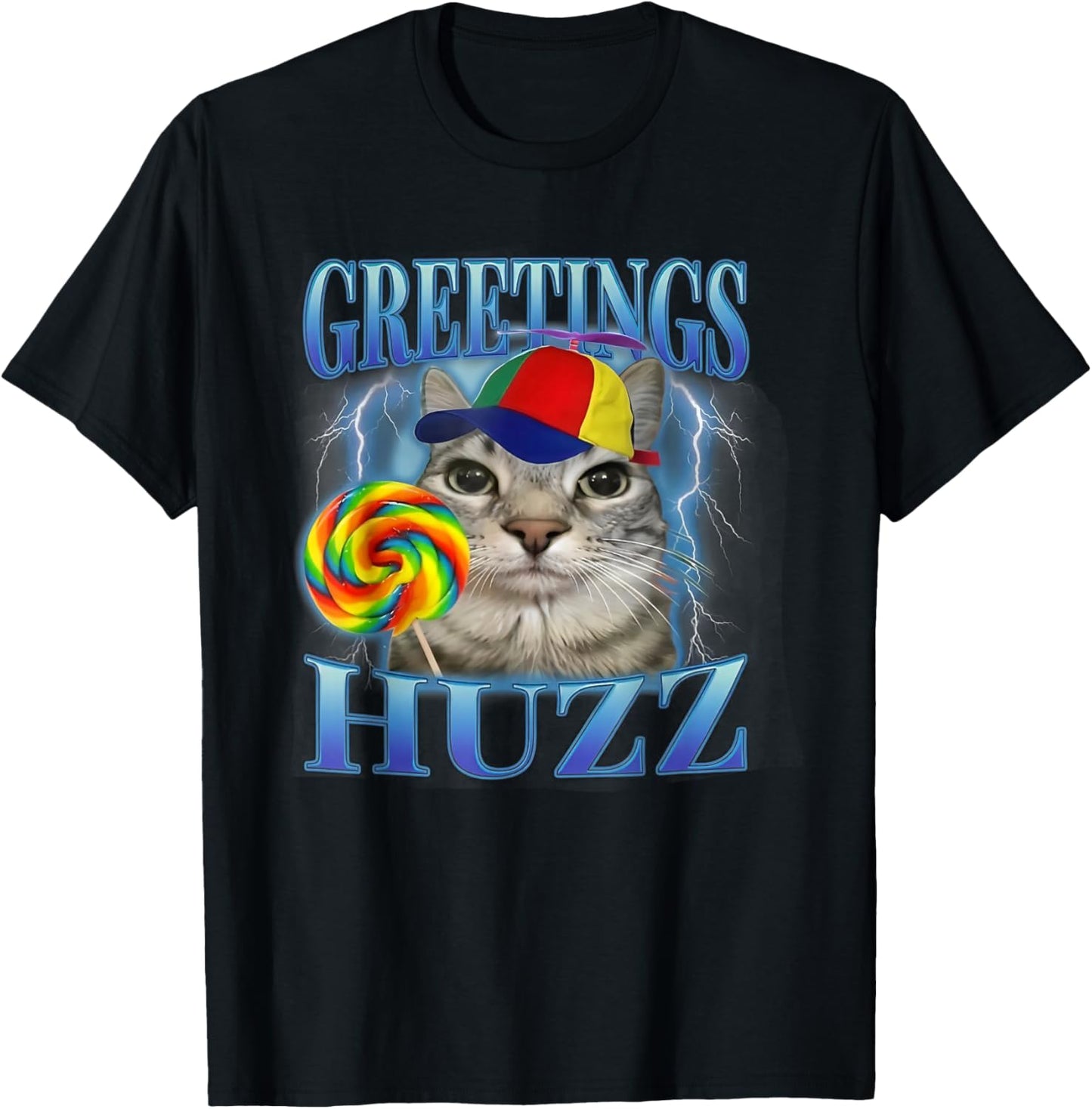 Greetings Huzz Silly Cat with Propeller Hat T-Shirt - T-Shirt | Black