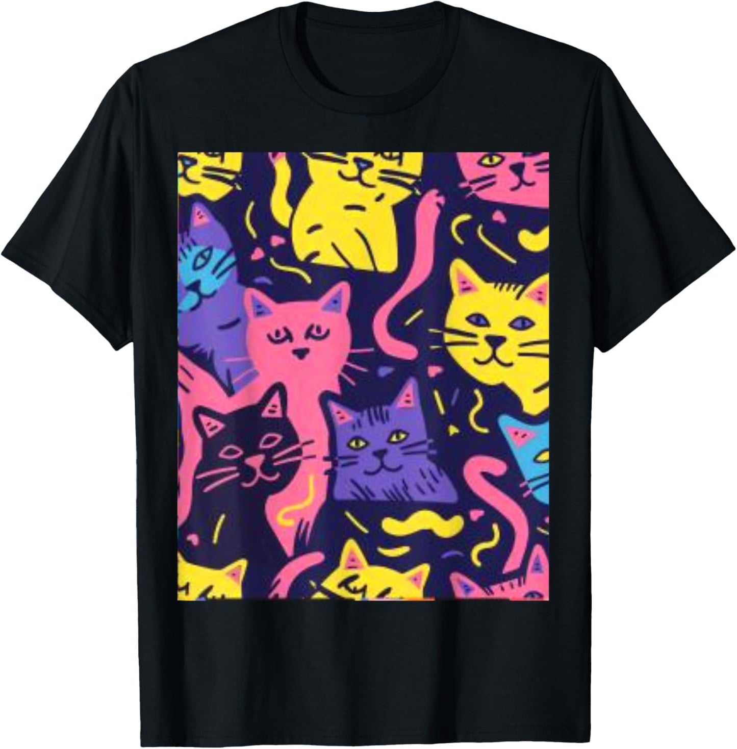 80's Neon Cat Pattern Women T-Shirt - T-Shirt | Black