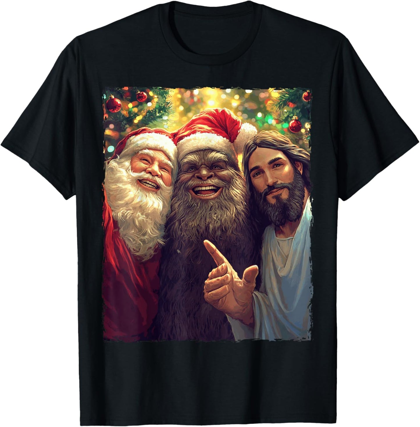 Funny Bigfoot Sasquatch Selfie Santa Jesus Xmas Christmas T-Shirt - T-Shirt | Black